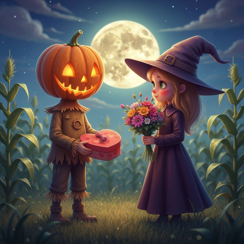 Boy With Jack-o'-Lantern Head Offers Candy to Witch Girl