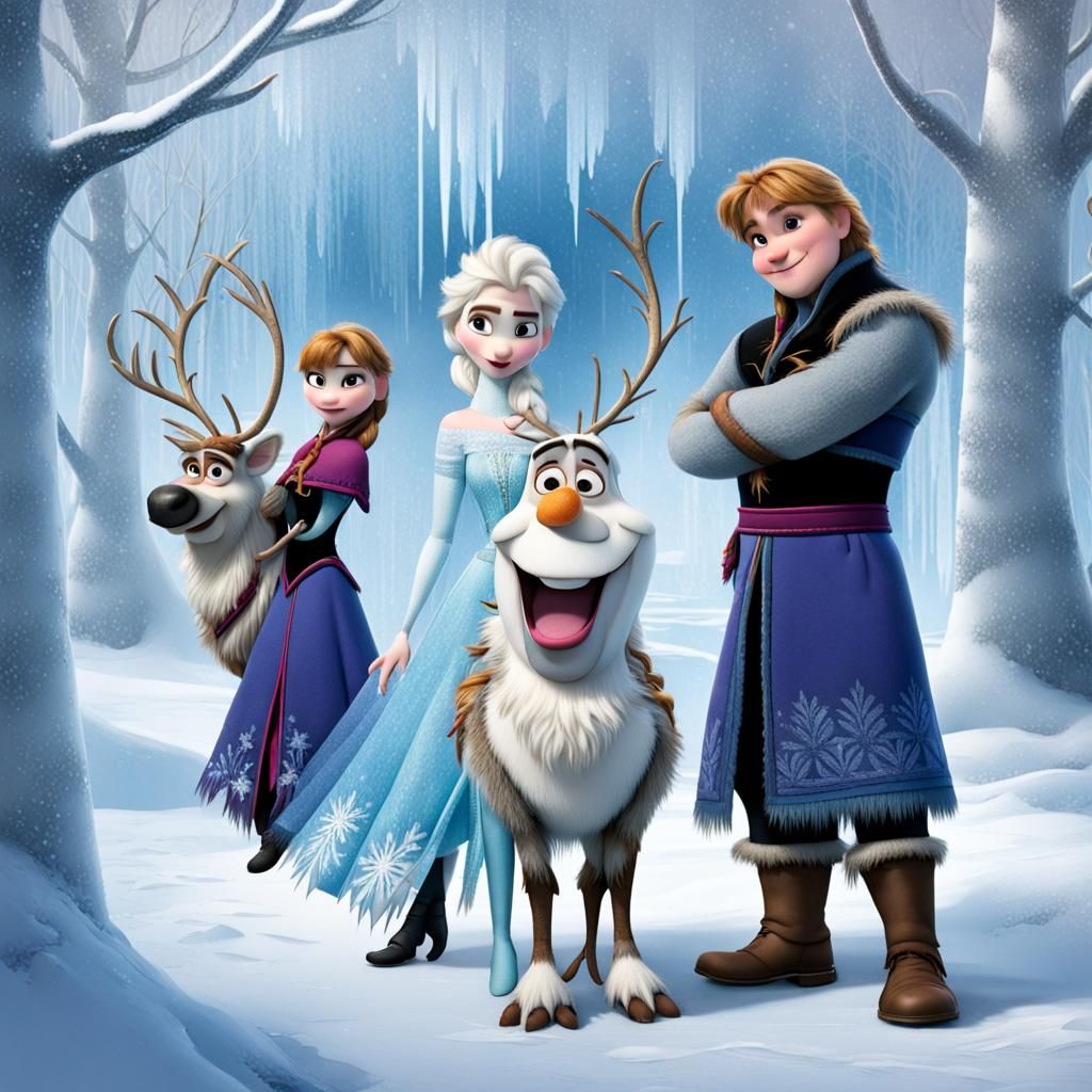 Disney Movie ((Frozen)) characters place into a Scene in Winter with soft Blue & White