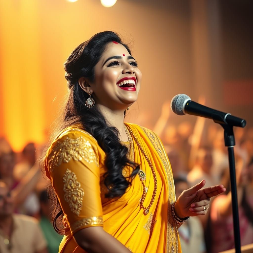 Indian Woman Sings on Stage in Vibrant Yellow Kameez