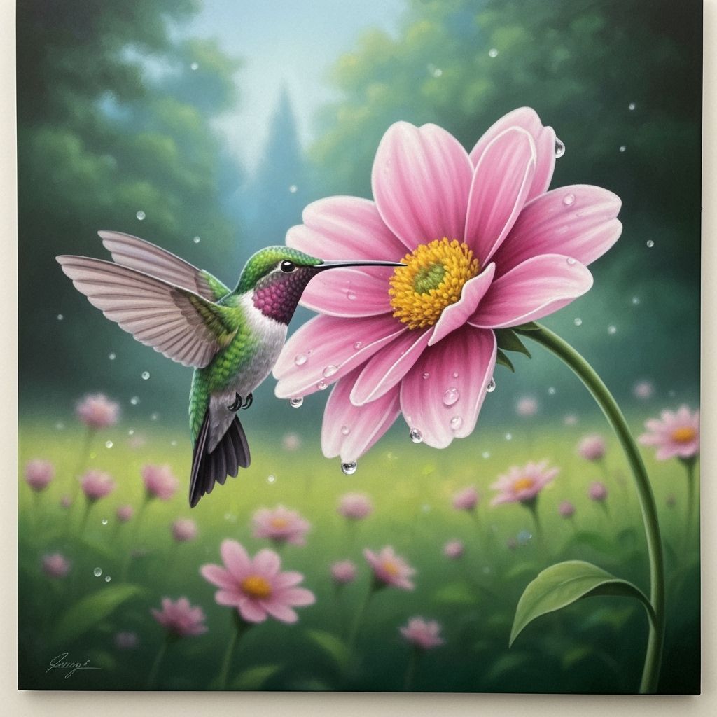 Whimsical Hummingbird with Dew-Kissed Flower in Airbrush Sty...