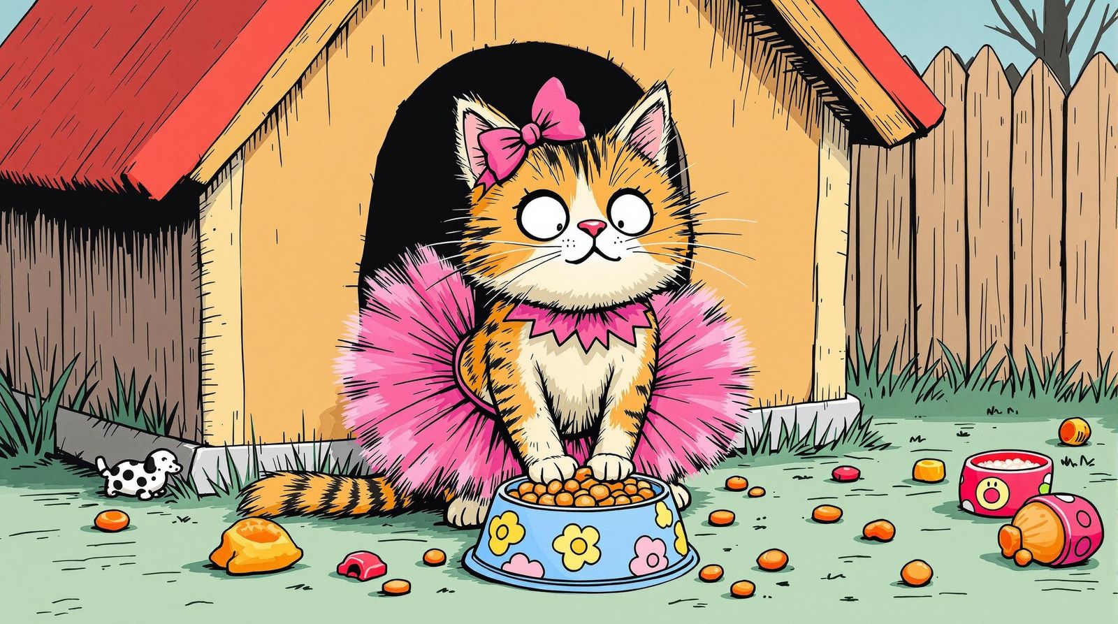 Whimsical Cartoon Cat in Pink Tutu, Eating Kibble Beside Dog...