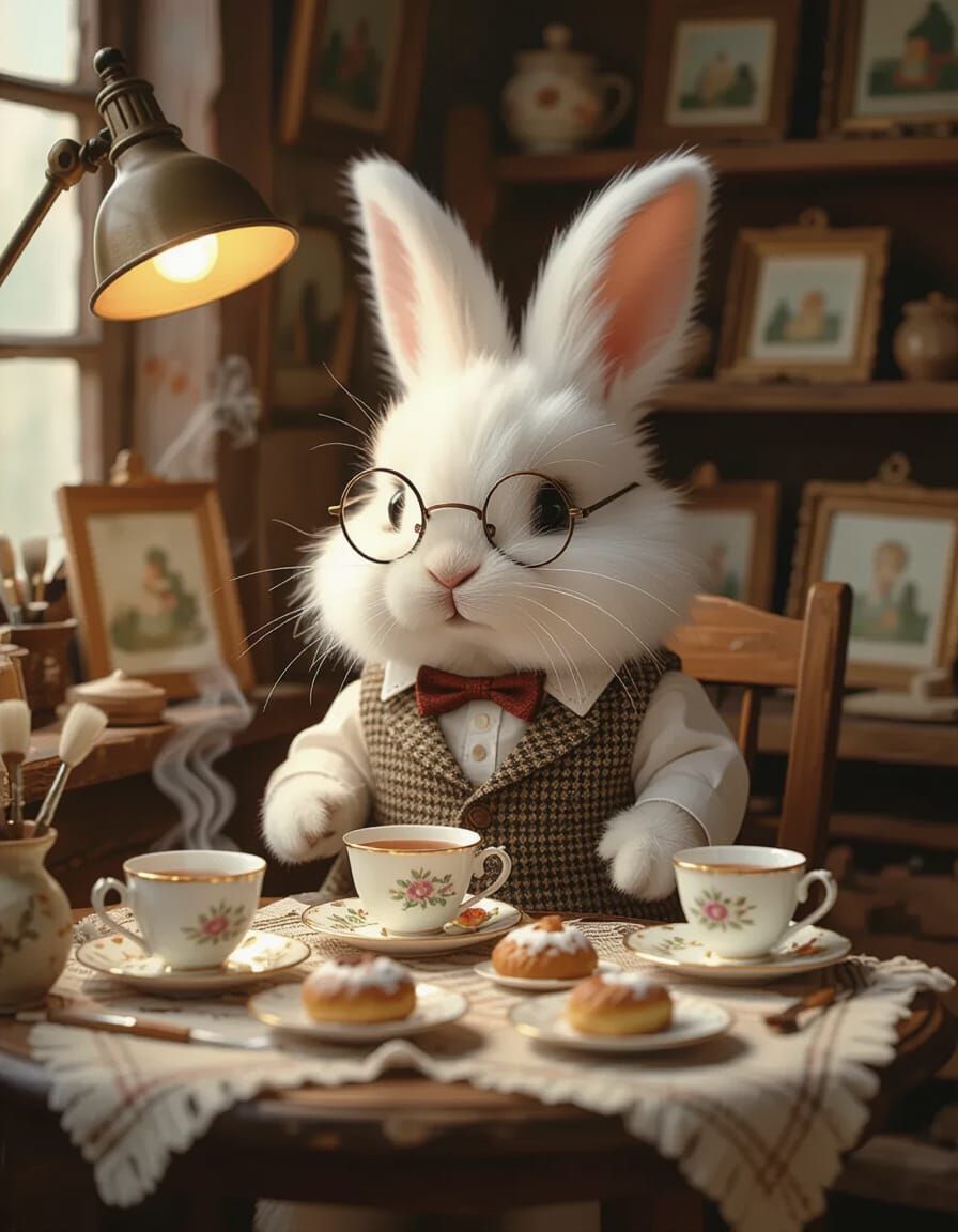 Whimsical Rabbit in Tweed Vest Enjoys Tea in Studio