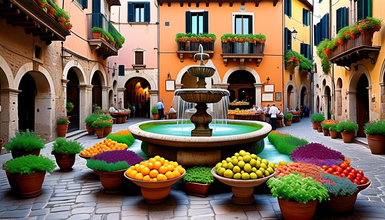 Surreal Italian Village Square in Vibrant, Dreamlike Hues
