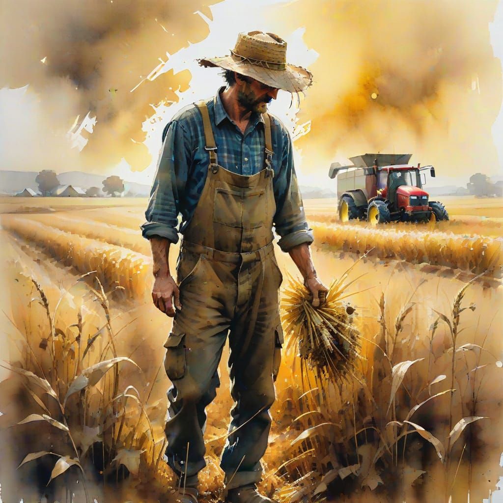 Farmer Harvesting Crops in Golden Mist