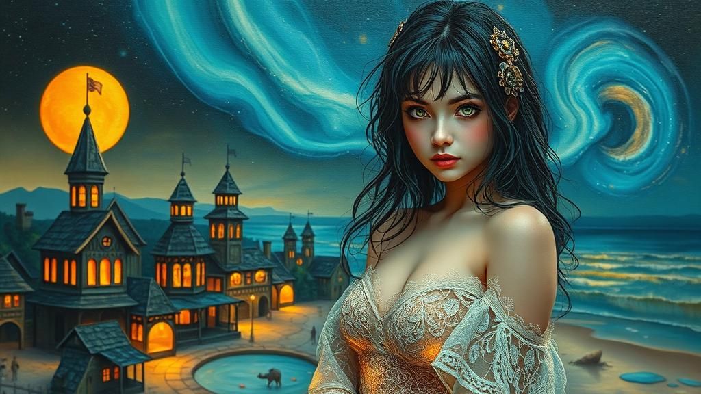 Mysterious goth girl in a delicate, diaphanous pixie beach-d...