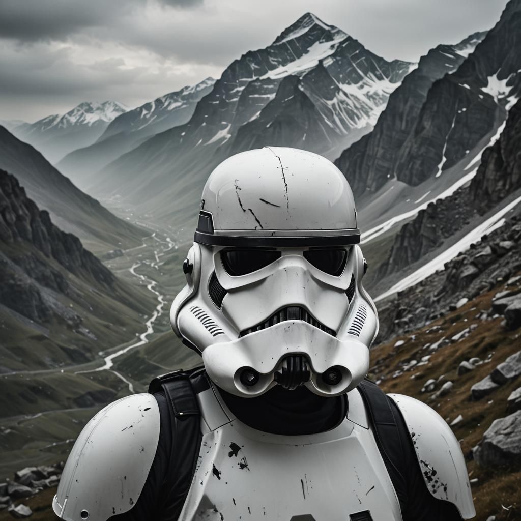 Cyberpunk Stormtrooper in Majestic Mountain Landscape