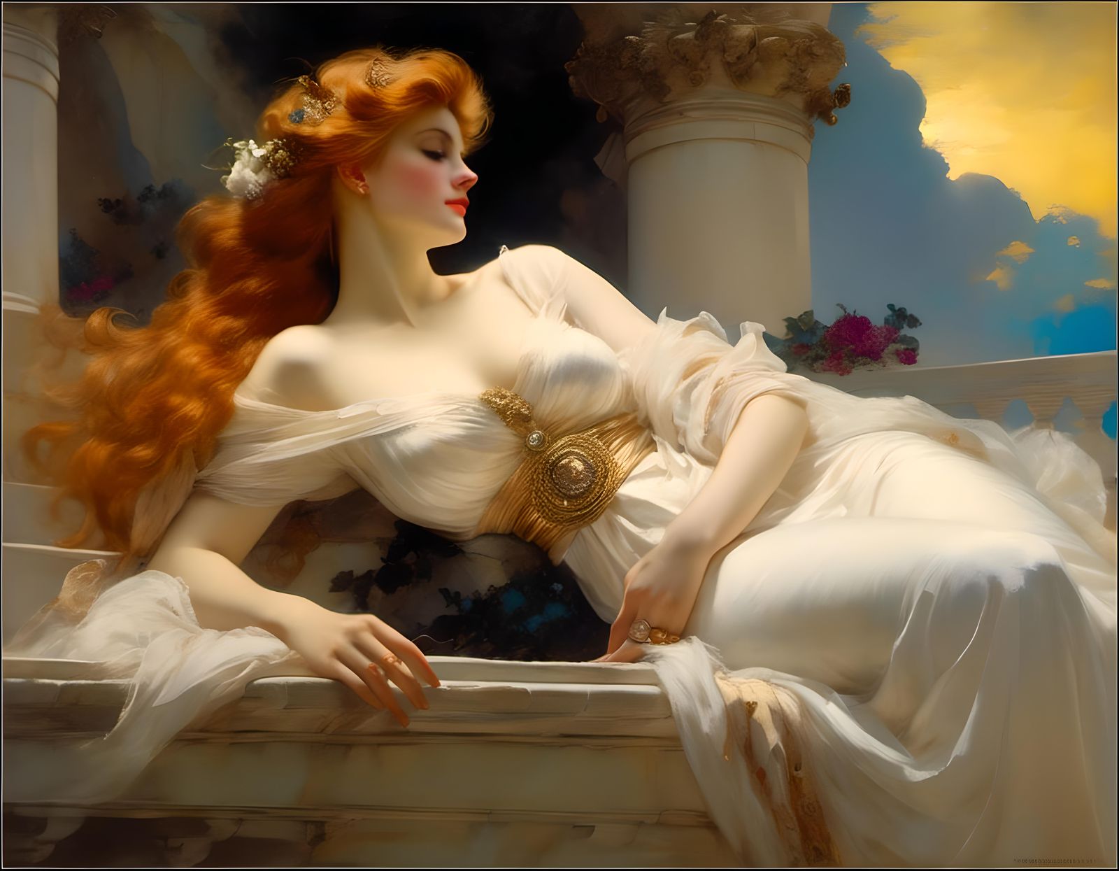 Elegant Lady in Greek Attire, Adorned by a Chiseled Companio...