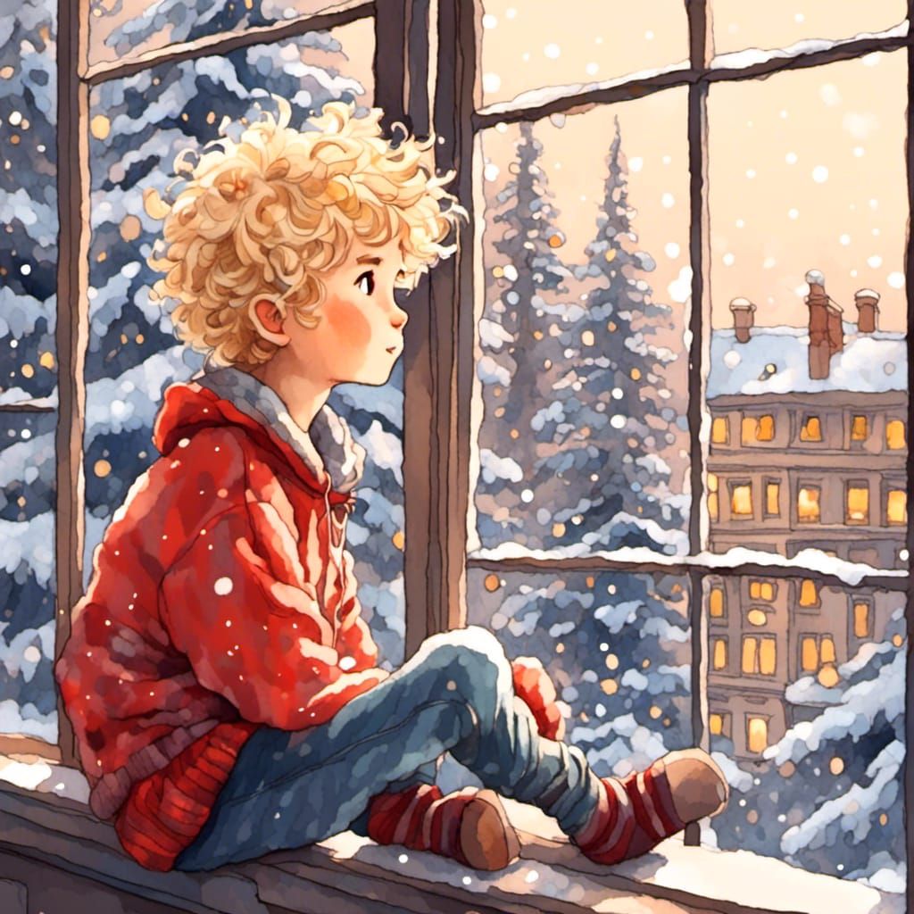 Watercolor Boy Looks Out Window in Cozy Christmas Atmosphere
