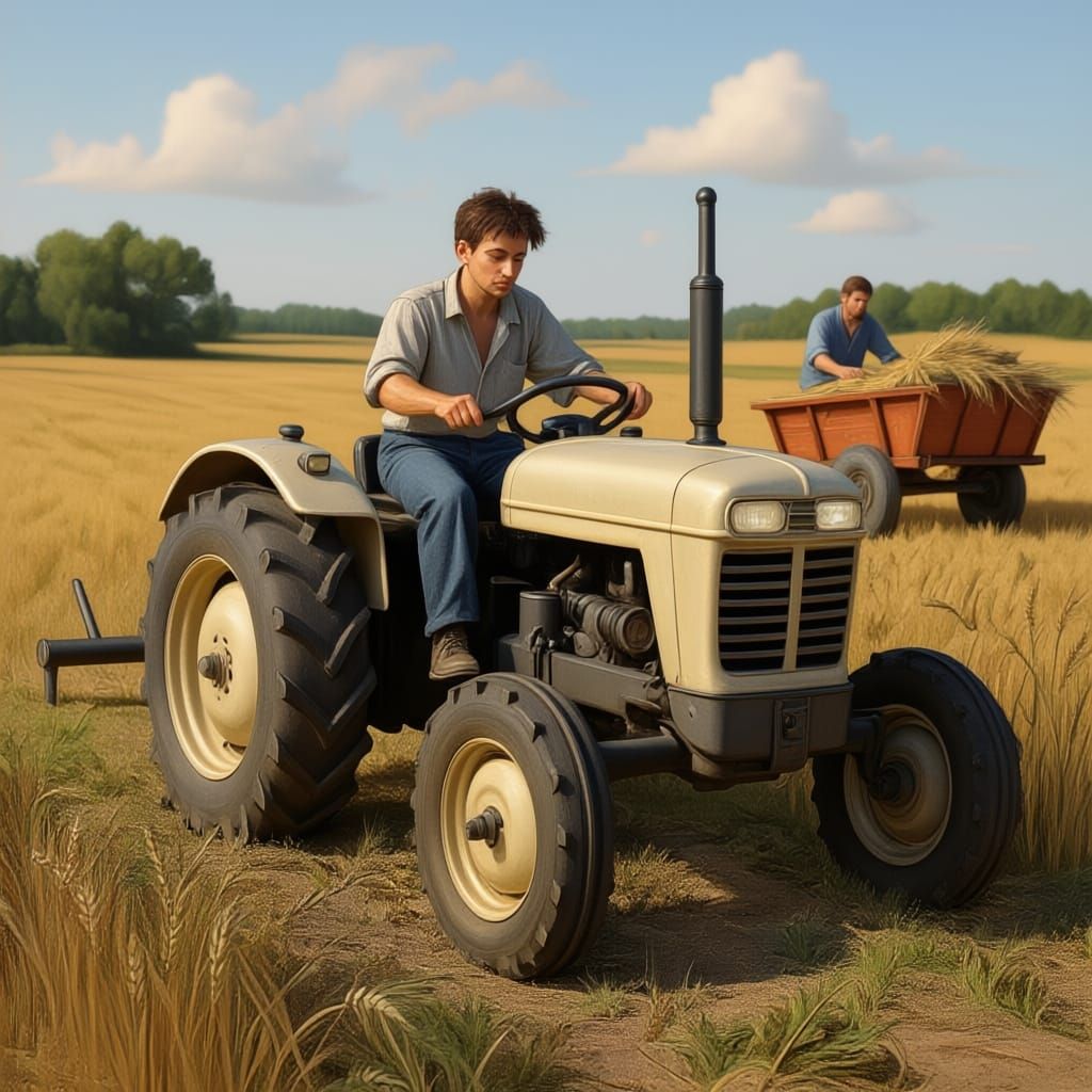 Farmer Harvesting Wheat With Old Tractor Charcoal Drawing