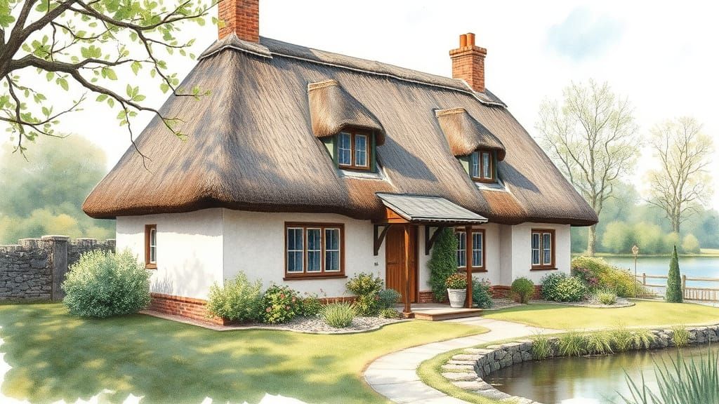 Rustic Country Watercolor Cottage by a Serene River