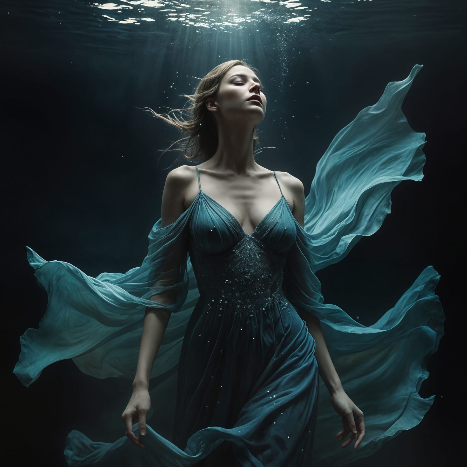 Ethereal Woman in Moonlit Abyss