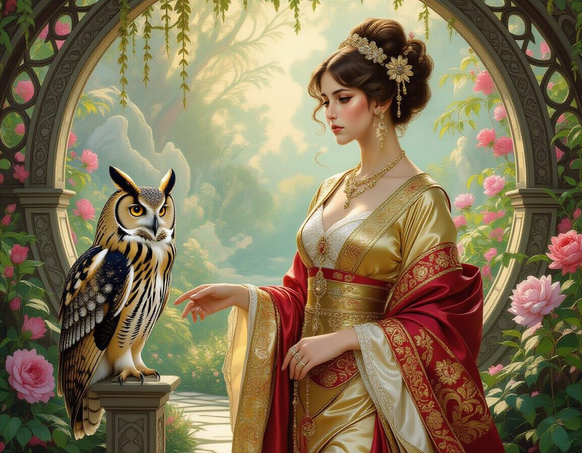 Renaissance Woman and Owl in Secret Garden