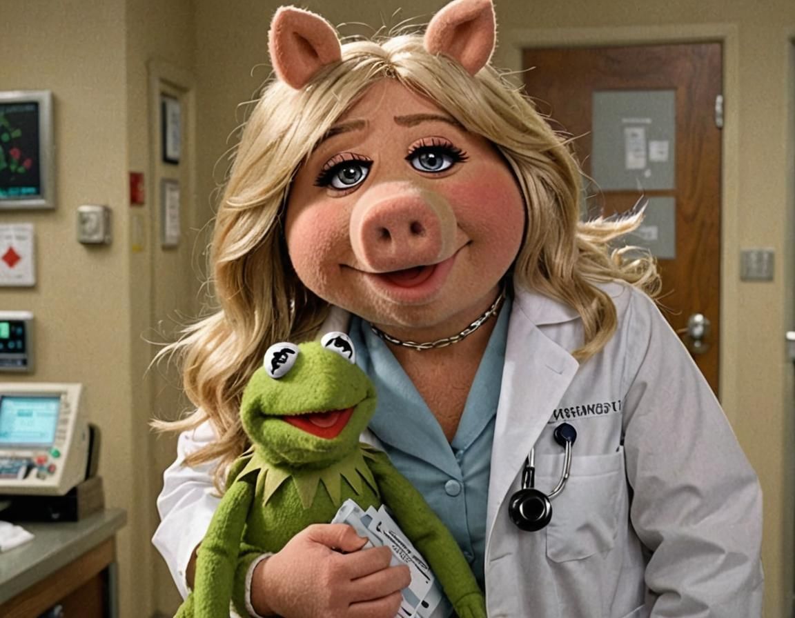 Muppet Doctor Examines Patient in Hospital Room