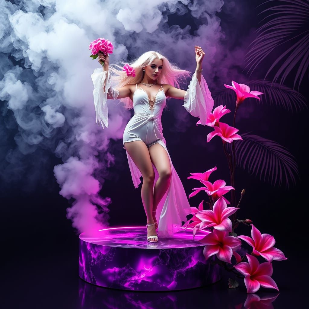 Ethereal Hippie Goddess Emerges from Neon Haze