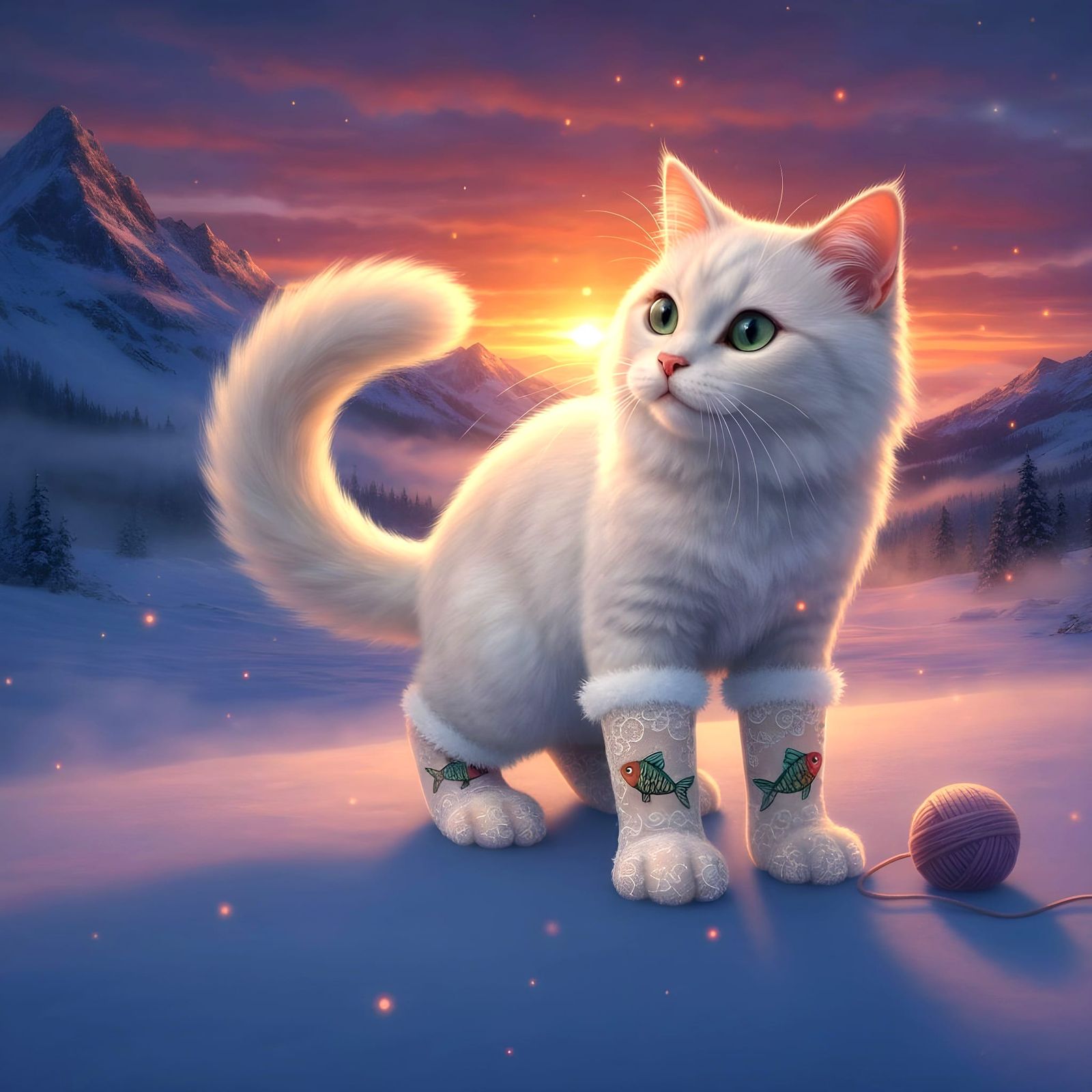 Cat with Socks in Snowy Sunset, Ethereal Fantasy Art