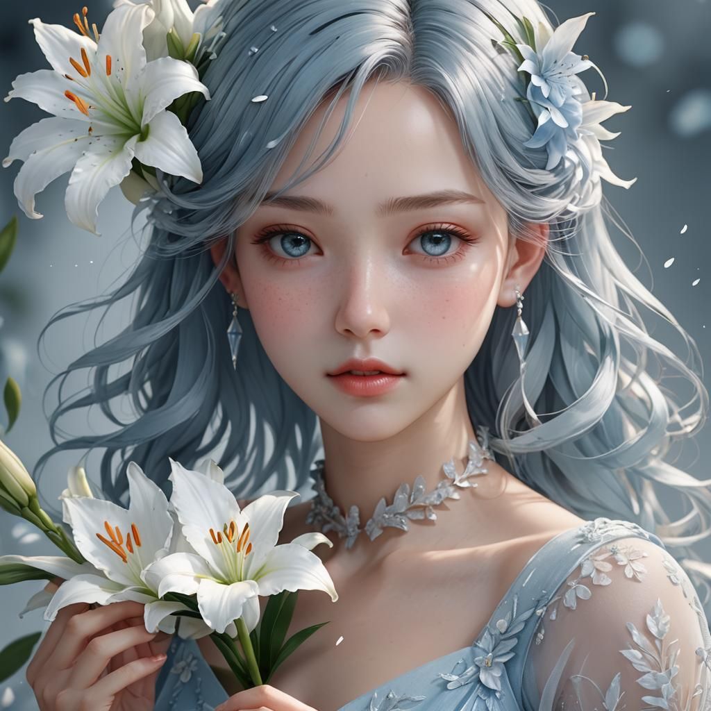 Ethereal Anime Portrait in Pale Blue, Inspired by Digital Co...