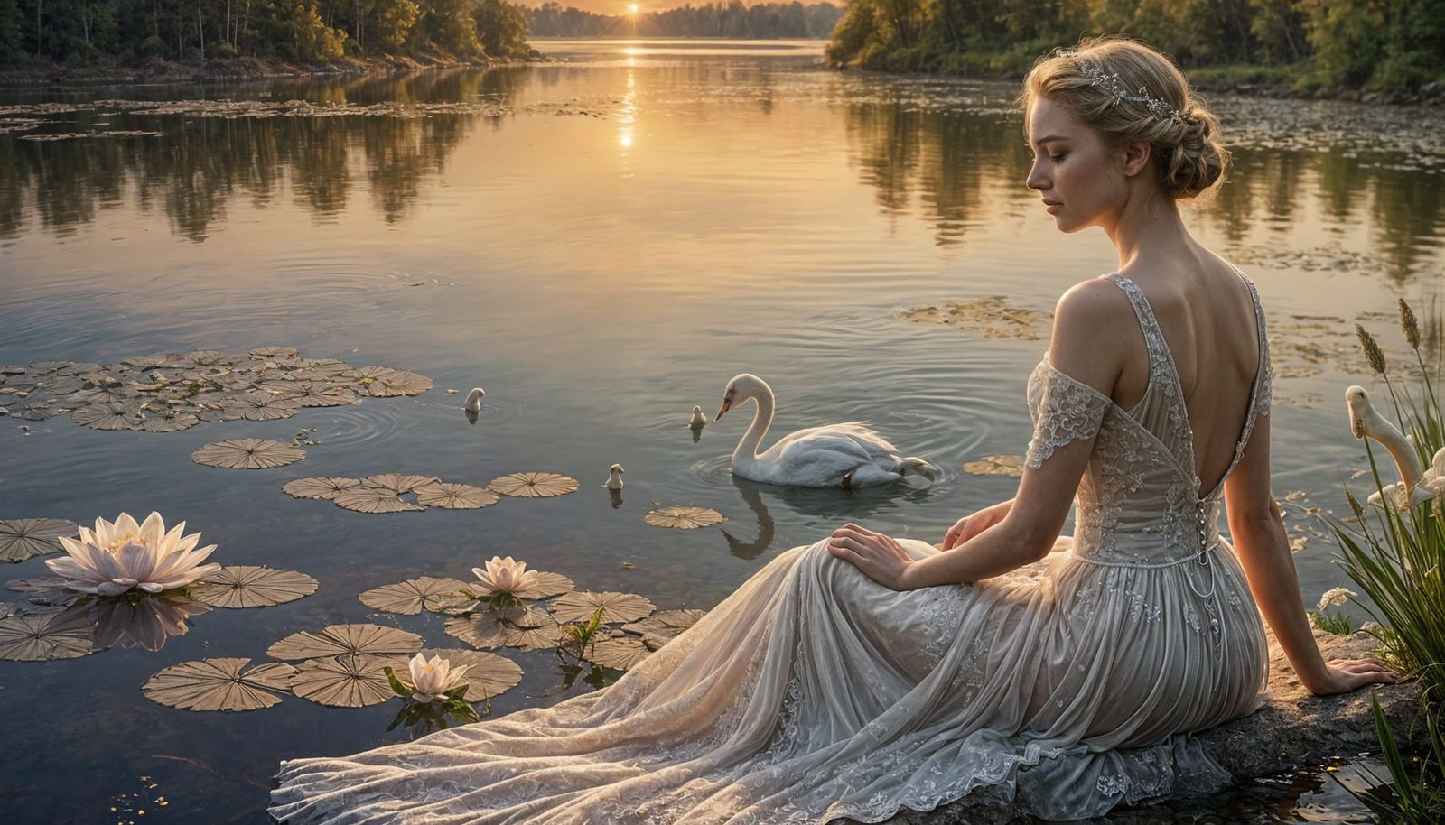 Enchanted Lake Sunset in Whimsical Storybook Style