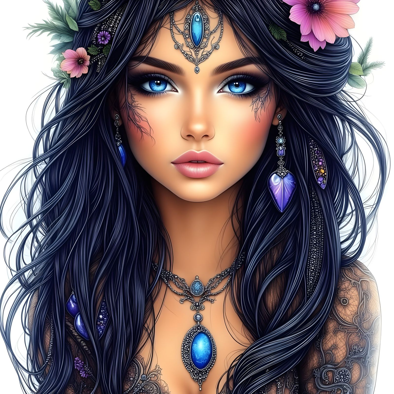 Norse Goddess Portrait in Hand-Drawn Bohemian Style