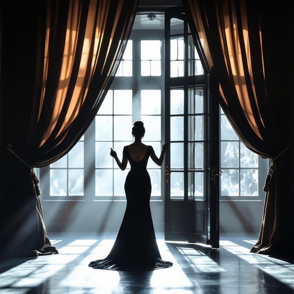 Powerful Woman Parts Curtains in Golden Hour Light