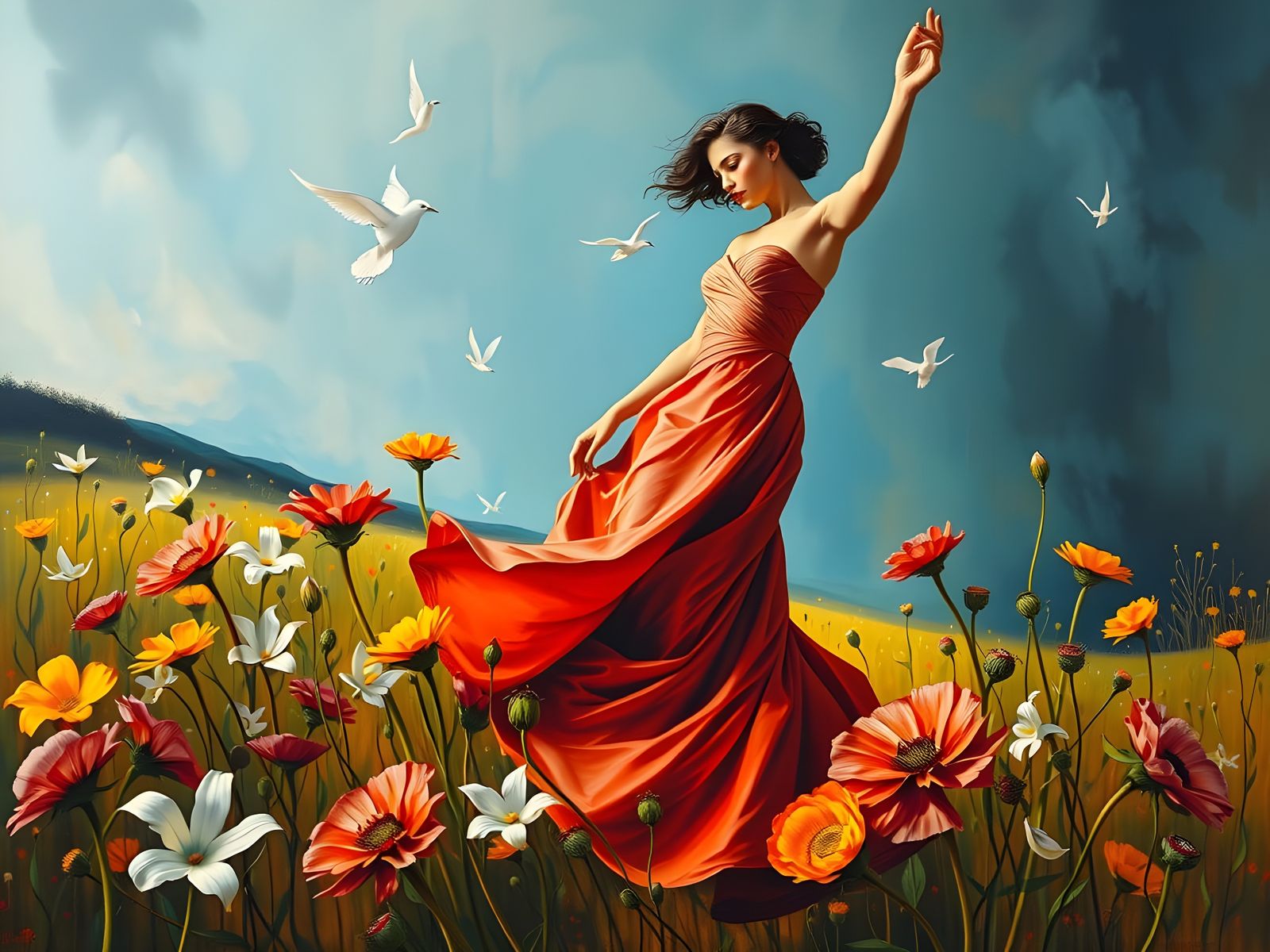 Surrealist Woman Dancing in Vibrant Floral Field
