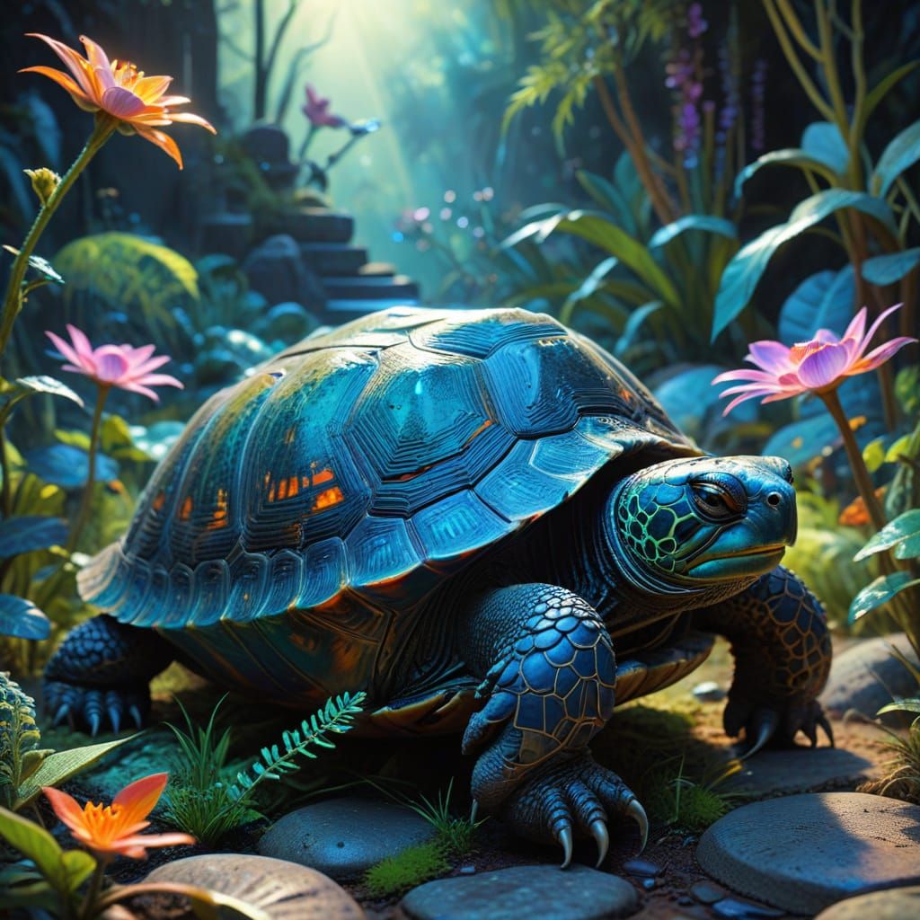 Wise Tortoise Meditating in Bioluminescent Zen Garden