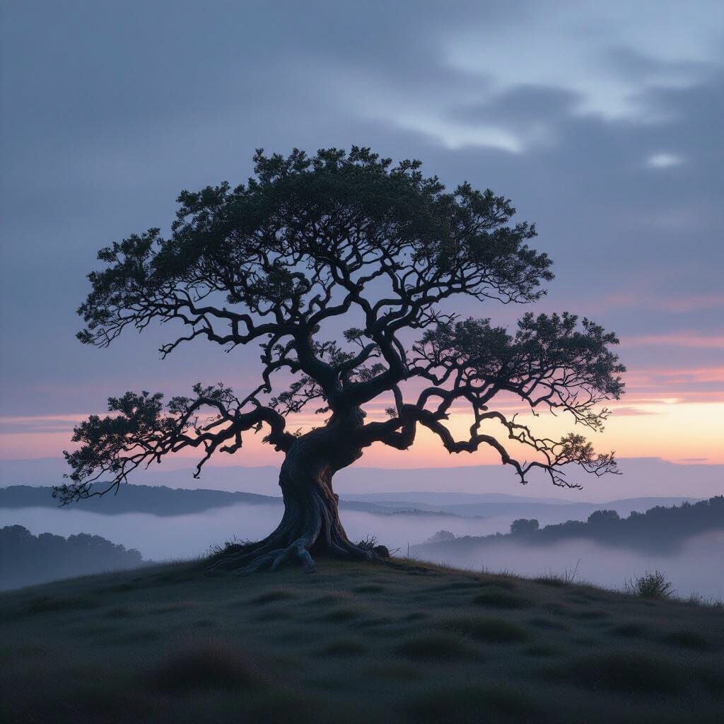 Ancient Oak on Windswept Hill under Twilight Sky