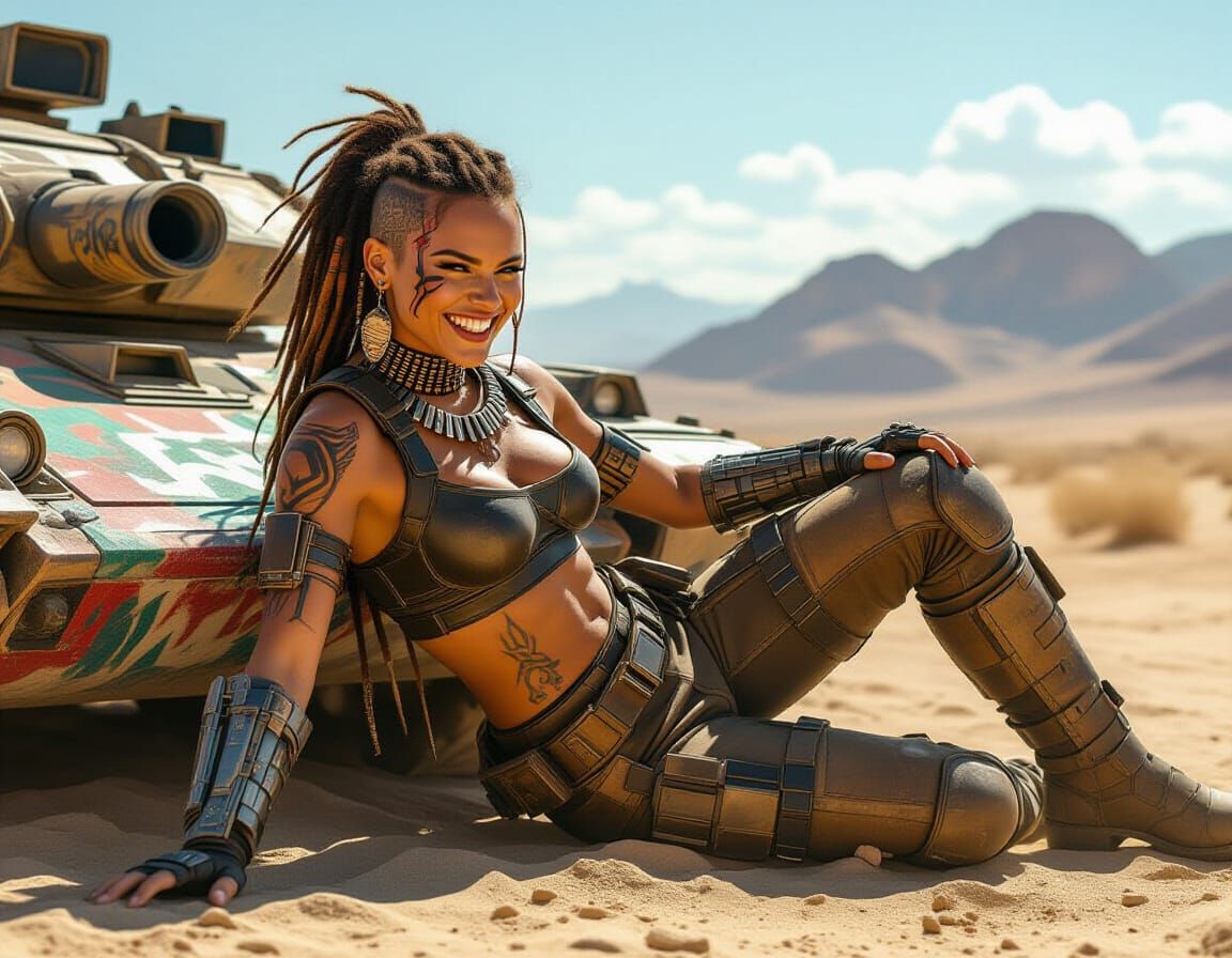 Cyberpunk Warrior Falls from Tank in Desert Landscape