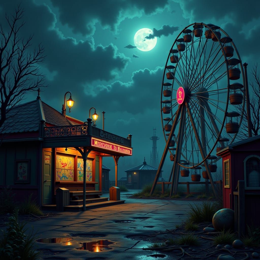 Creepy Abandoned Carnival at Dusk in Dystopian Style