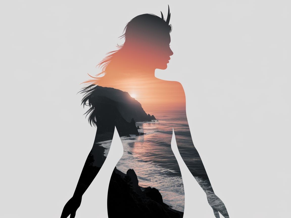Ethereal Goddess Silhouette Amidst Sunset Coast