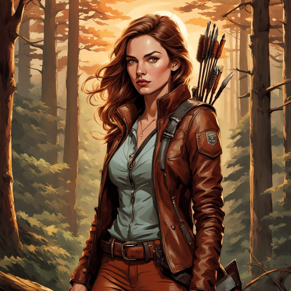 Confident Huntress in Sunset Forest