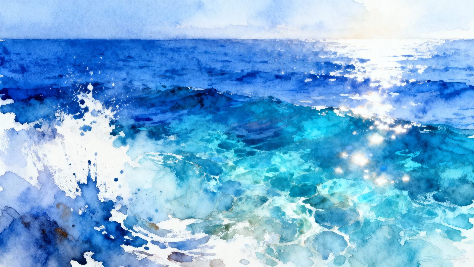 Cobalt Blue Ocean Watercolor Painting with Splatter and Impa...