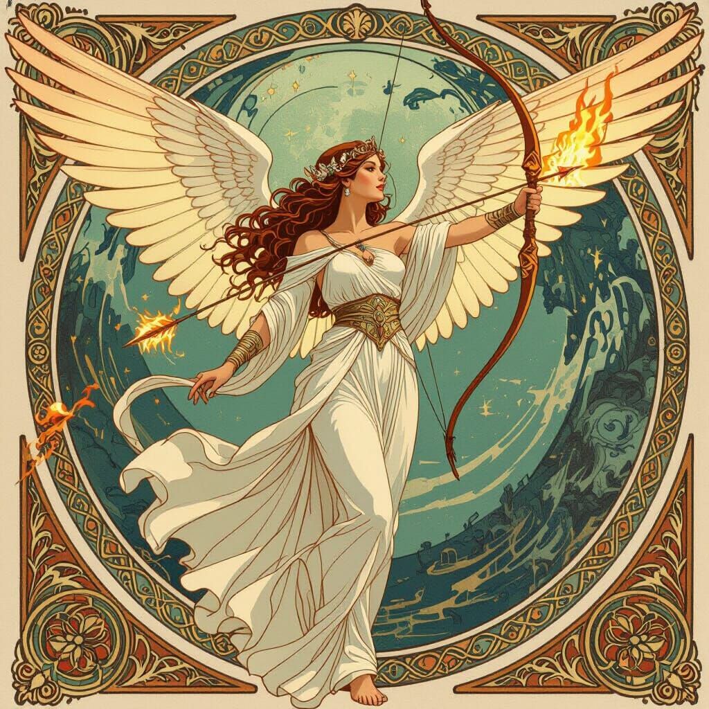 Sagittarius Woman with Flaming Arrow in Art Nouveau Style