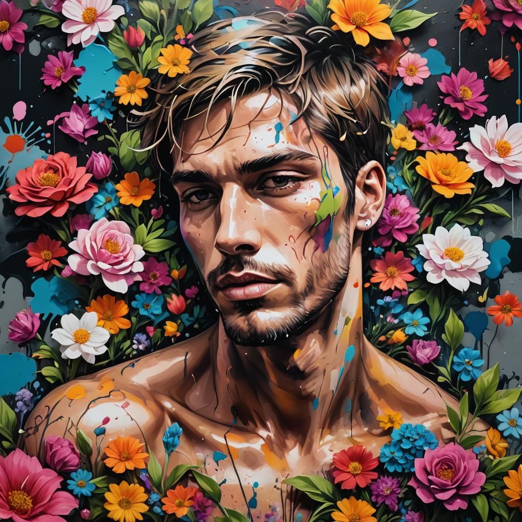 Vibrant Male Form Embracing Floral Chaos