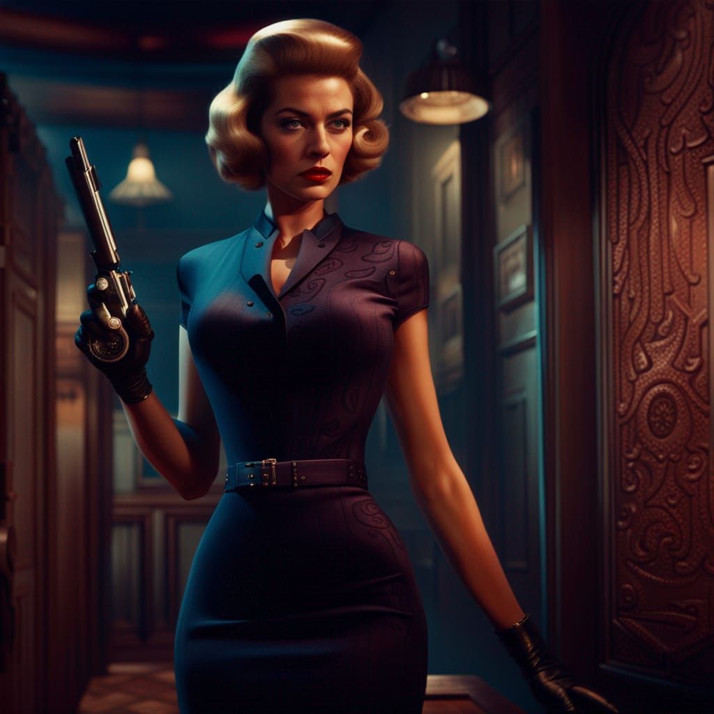 Femme Fatale in Retro Spy Thriller, Detailed Matte Painting