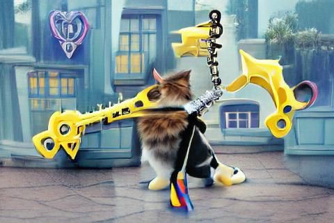 Ethereal Feline Warrior Wields Ancient Keyblade in Cyberpunk...