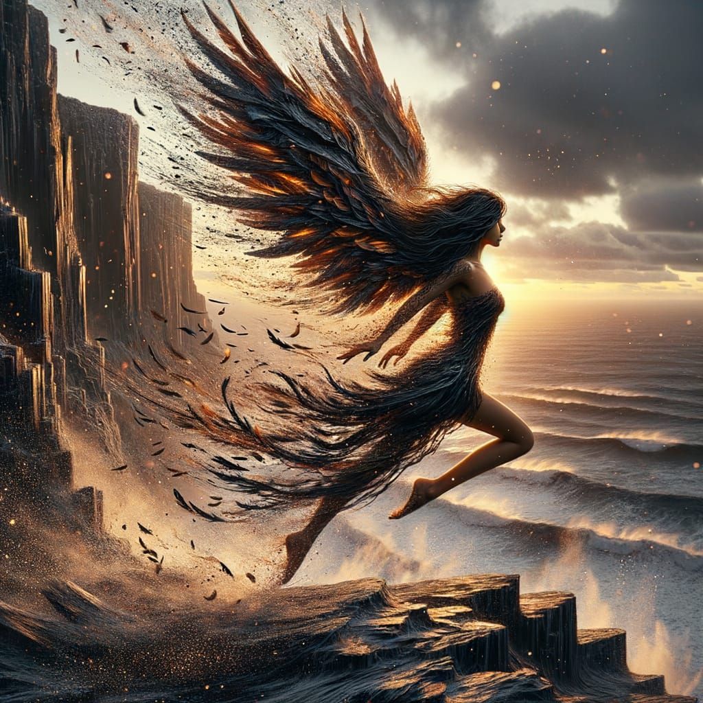 Indigenous Woman's Sunset Transformation into a Black Bird