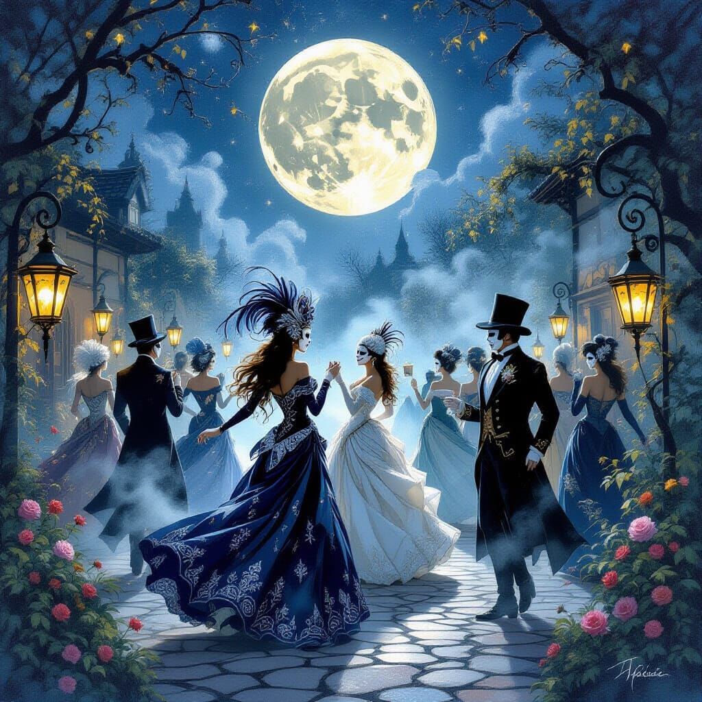 Moonlit Garden Masquerade Dance With Ornate Masks