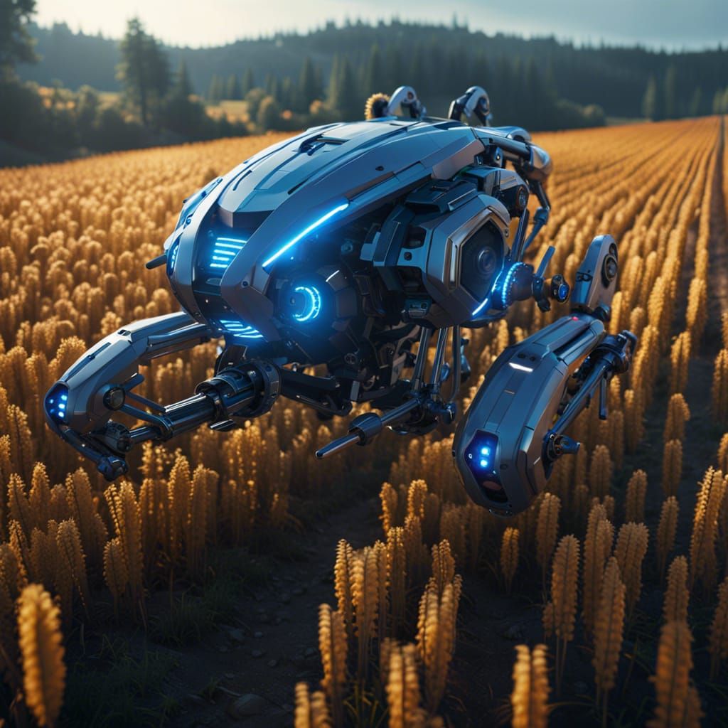 Cyberpunk Harvesting Drone in Futuristic Farm Landscape