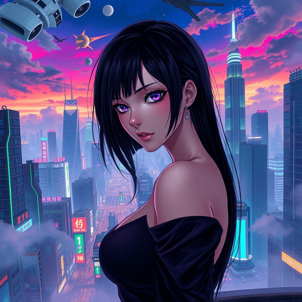 Mysterious Anime Woman Under Neon City Skies