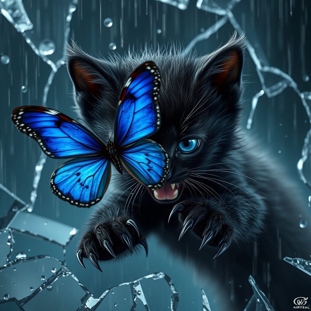 Tense Predator Kitten Hunts Iridescent Blue Butterfly in Rai...
