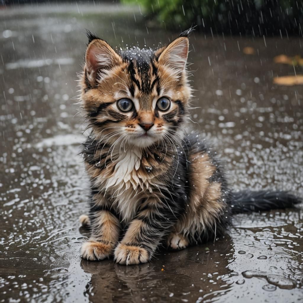 Kitten in the Rain, Fur Fluffed Up in a Sweet Pose