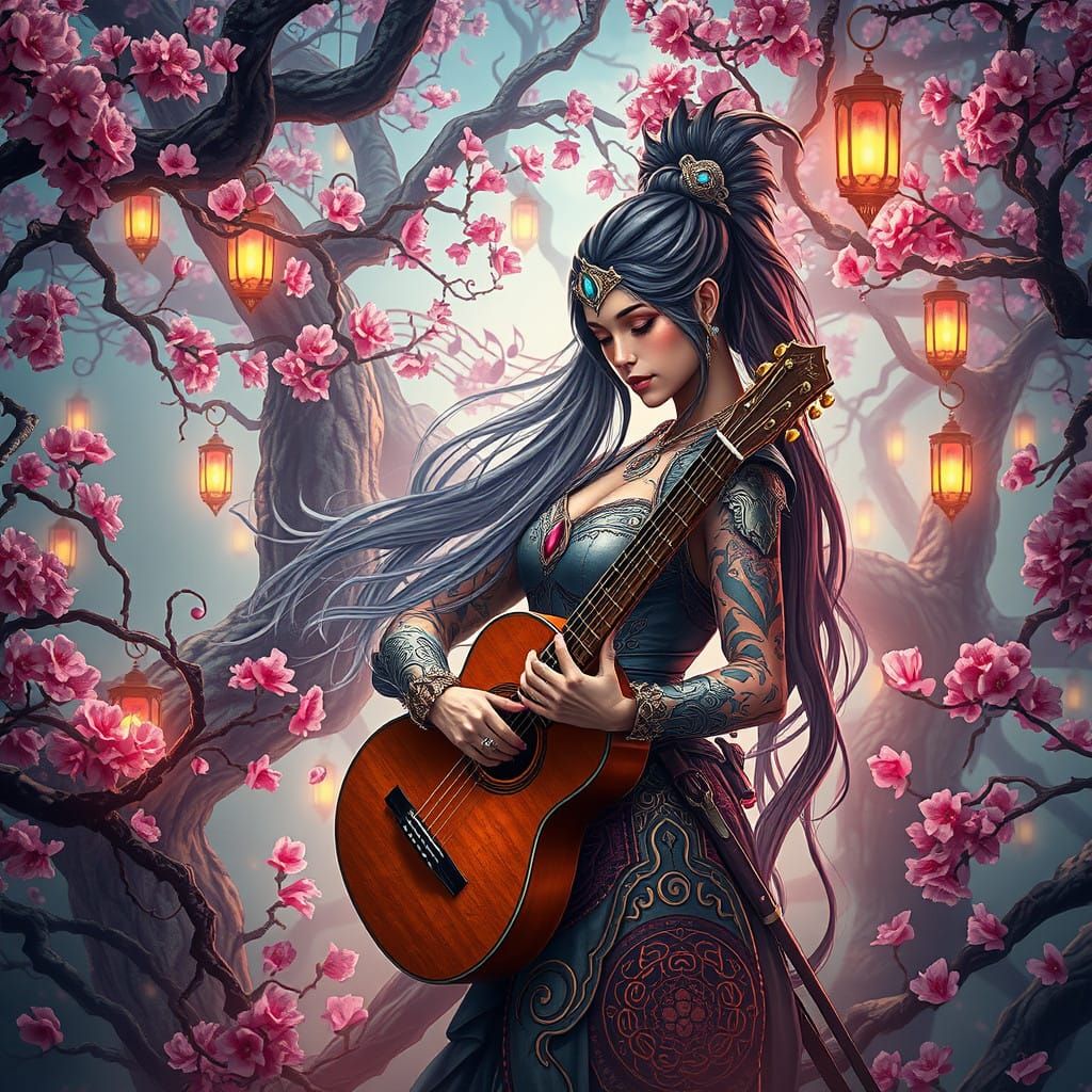 Surreal Warrior Goddess Amidst Cherry Blossoms and Ancient T...