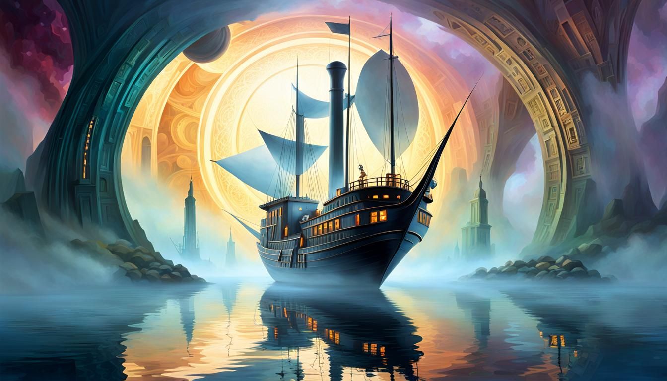 Dreamlike Steamboat Disappears into Mystical Portal