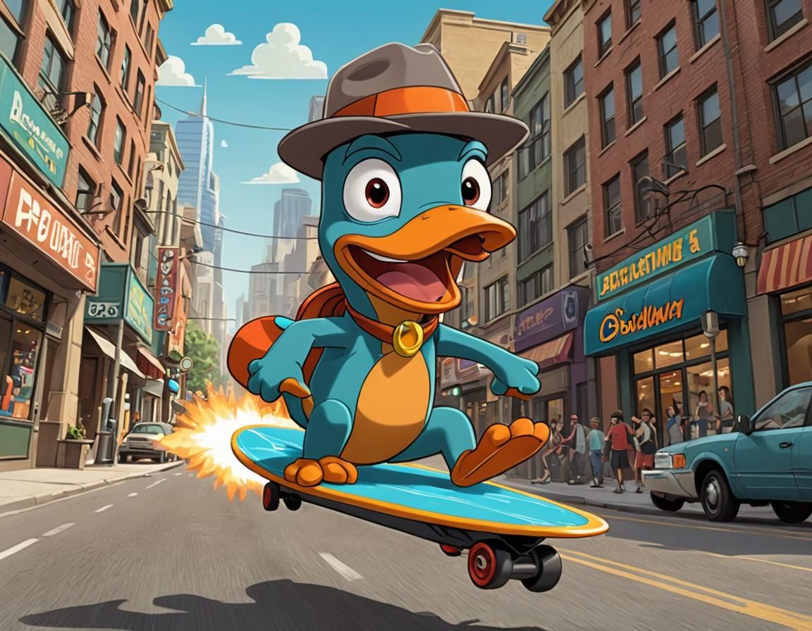 Perry the Platypus in Action: Rocket-Board Rides in Cartoon....