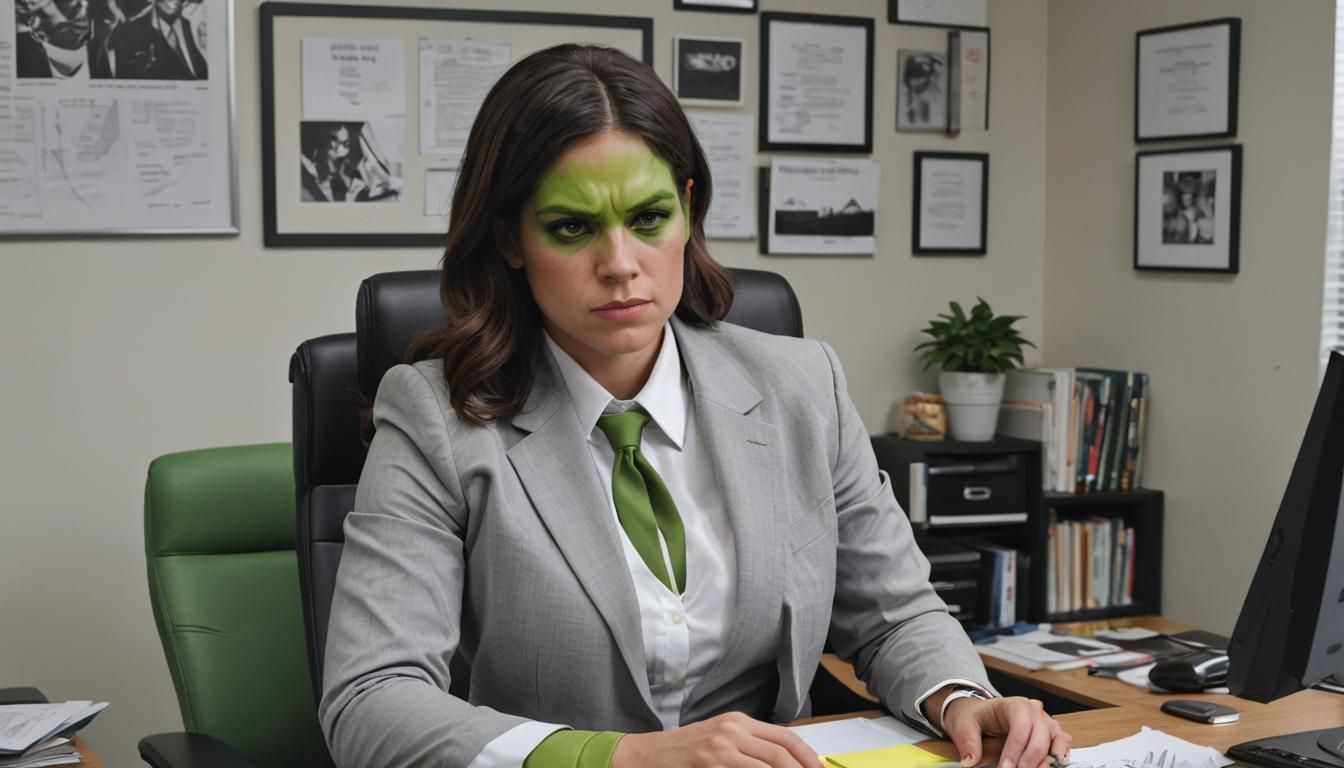 She-Hulk Sits at Her Manhattan Office Desk in Hyperrealistic...