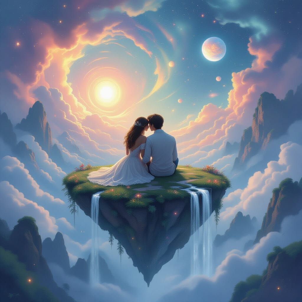Serene Couple on Floating Island in Cosmic Dreamscape