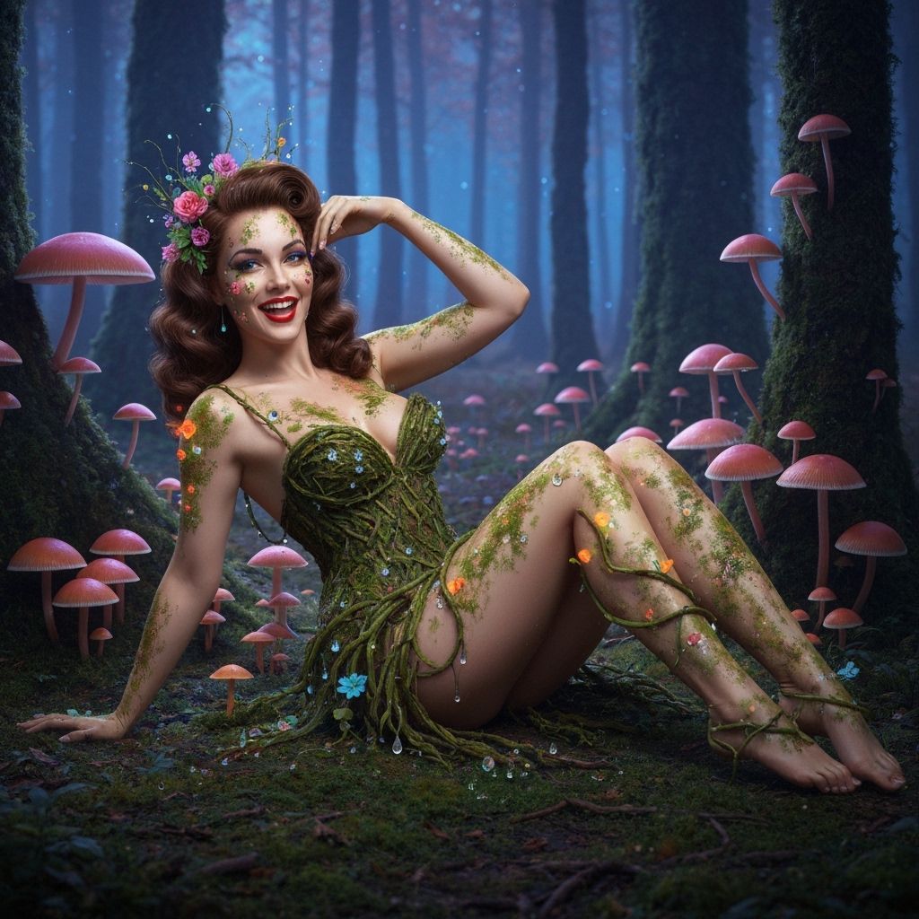 Pin-Up Dryad Lounging in Bioluminescent Grove