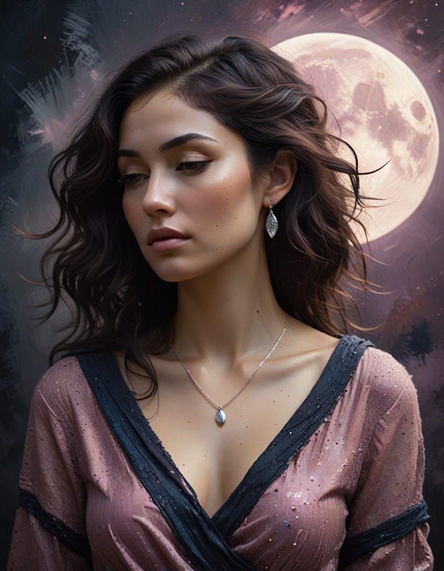 Serene Expressionist Portrait Under a Full Moon