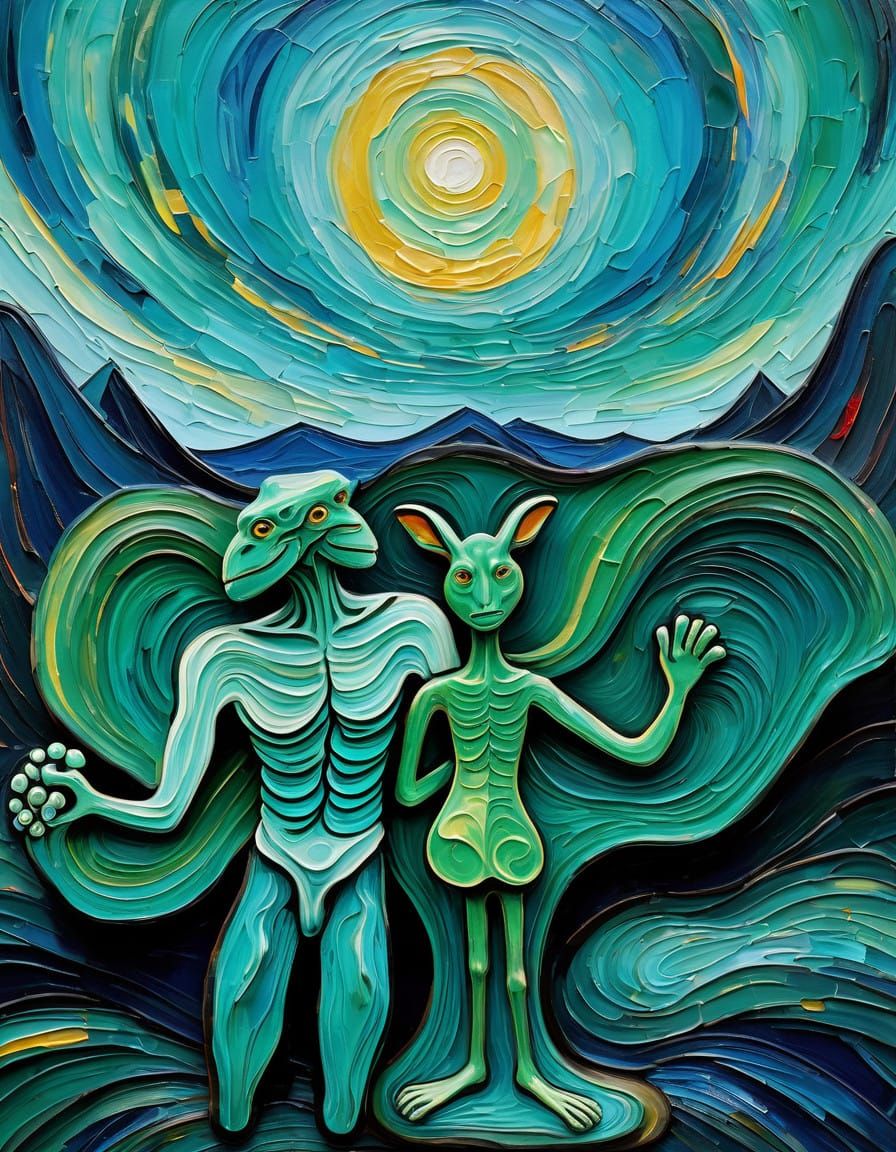 Turquoise Scaled Creature and Earthy Toned Man in Vibrant La...