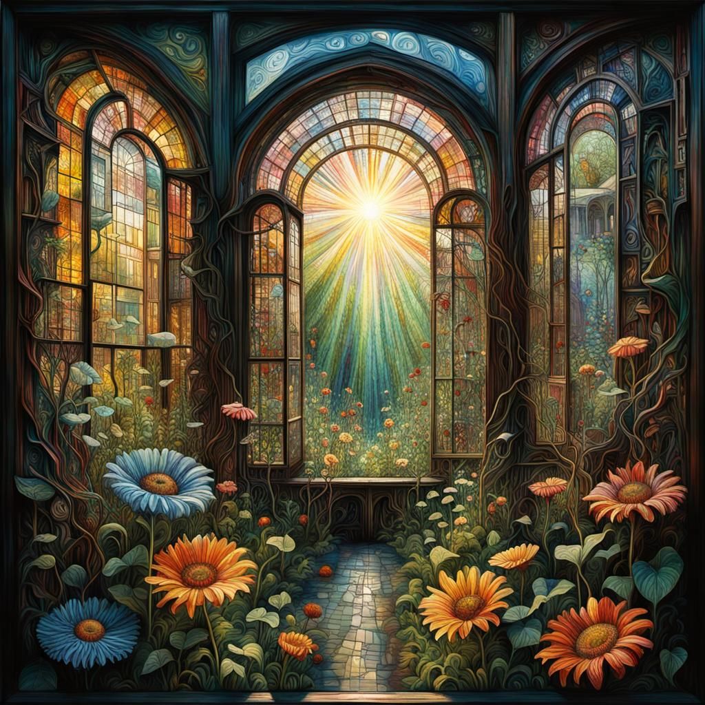 Surreal Garden Oasis in Warm Golden Light